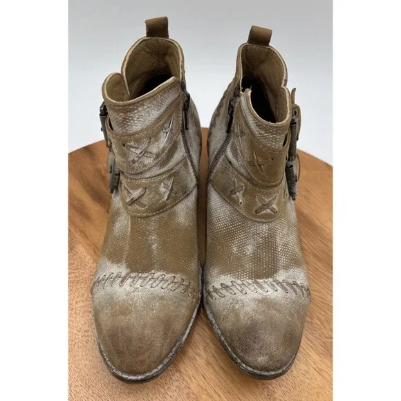 ROAN By Bed Stu Dune Heeled Leather Ankle Booties Distressed Tan White 6 - Picture 5 of 8